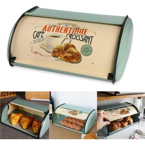 French Vintage Bread Box Storage Bin Rollup Top Blue Small Powder Coated Bread Iron Snack Organizador for Kitchen Organizer