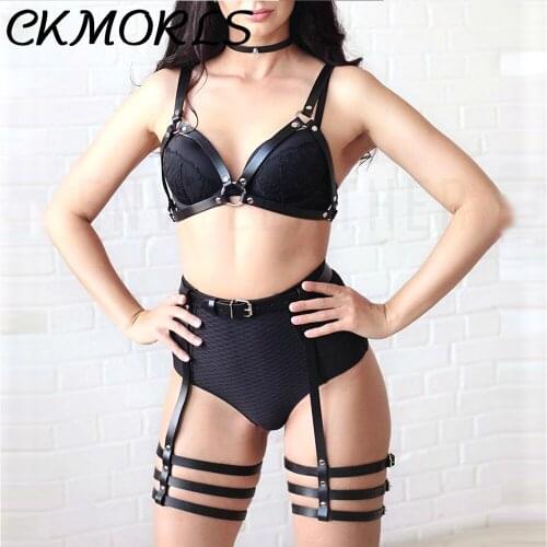 CKMORLS Leather Harness Belt Set 2 Pcs Women Sexy Lingerie Harness Bondage Waist Garter Belt Body Cage Leather Suspender Garters