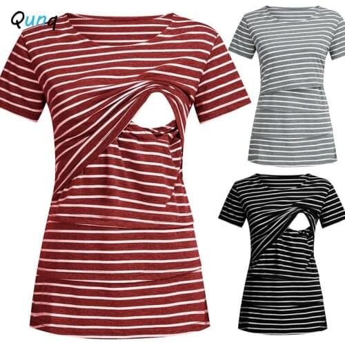Qunq Nursing Tops Breastfeeding Clothes Striped O-neck Pregnancy Woman T Shirt Summer Casual Slim Maternity Tee Outfits