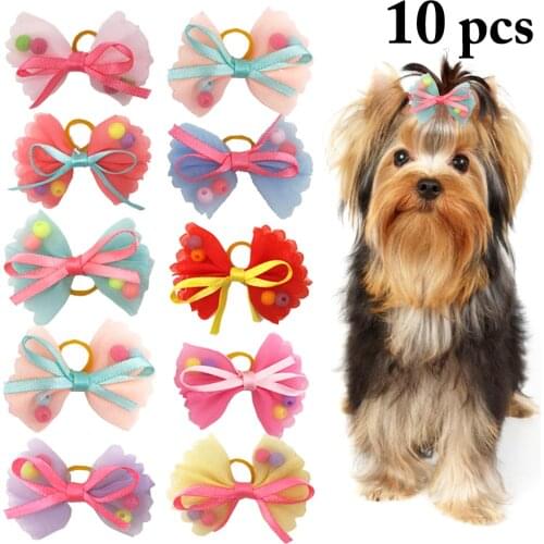 10PCS Pet Hair Tie Fashion Cute Beads Bowknot Decor Dog Hair Tie Pet Hair Bow For Dogs & Cats Party Dress Up Hair Accessories