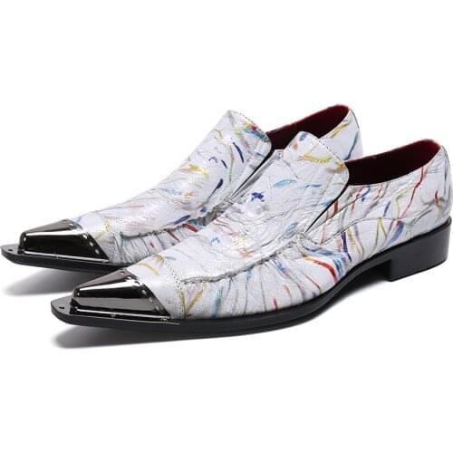 Italian Style Luxury White Printed Men Shoe Genuine Leather Pointed Toe Mens Formal Dress Shoes Business Party Wedding Oxfords