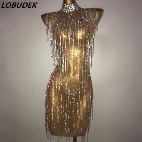 Luxury Diamond Chains See Through Mini Dress Women Birthday Evening Party Prom Mesh Sleeveless Rhinestones Outfit Singer Costume