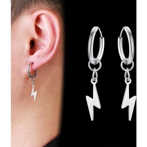 Mens Earring Lightning Charms Hoops Stainless Steel Earing for Men Women