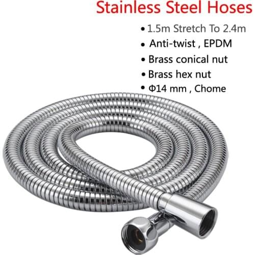 High Pressure Shower Hose 150cm 304 Stainless Steel Shower Tube Flexible Silver Bathroom Hose Plumbing