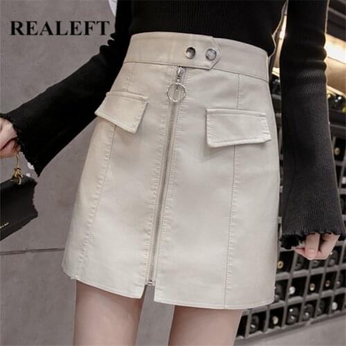 REALEFT Faux PU Leather Zipper Women A-Line Skirts 2021 New Autumn Winter High Waist Office Skater Wrap Sexy Mini Skirts Female