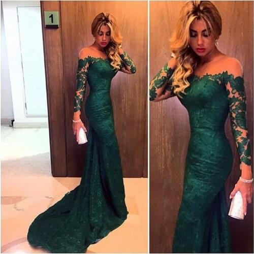Green Long Evening Dress Lace Elegant Long Sleeves Mermaid Formal Party Dress Prom Gown abendkleider 2019