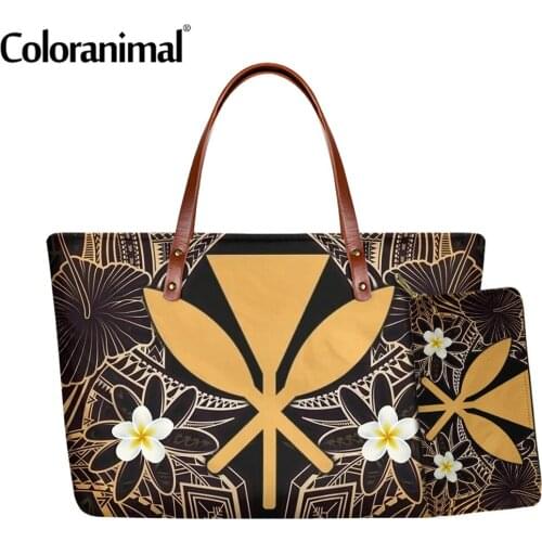 Coloranimal Hawaii Polynesian Plumeria Print Ladies Shoulder Bag Large Capacity Women Messenger Bag 2Pcs/Set Handbag&Wallet Tote