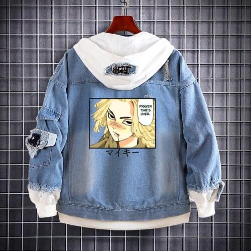 2021 Anime Tokyo Revengers Cosplay Costume Denim Jacket Hooded Sweatshirt Manji Gang Print Outwear Hip Hop Fashion Coat