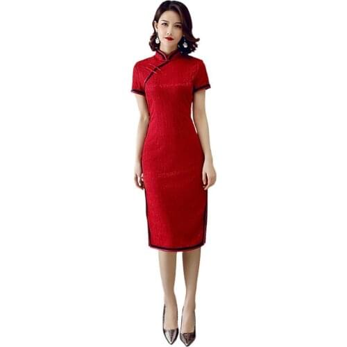 Women Cheongsams Fashion Short Sleeve Lace Slit Hem Chinese Cheongsam Banquet Midi Bodycon Dress 2021 платье летнее