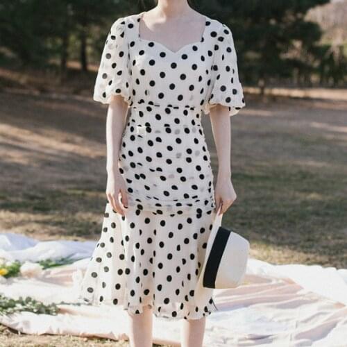 High Quality Women Polka Dot Dress Vintage Square Neck Bubble Sleeve Pleated Slim Dress Ruffled Elegant Mid Dress Vestidos