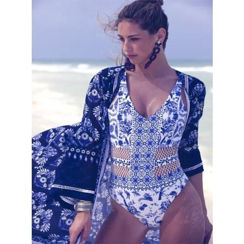 2019 Sexy One Piece Swimsuit Women Swimwear Female Floral Porcelain Print Thong Net Joint Hollow Out Monokini Bathing Suit XL