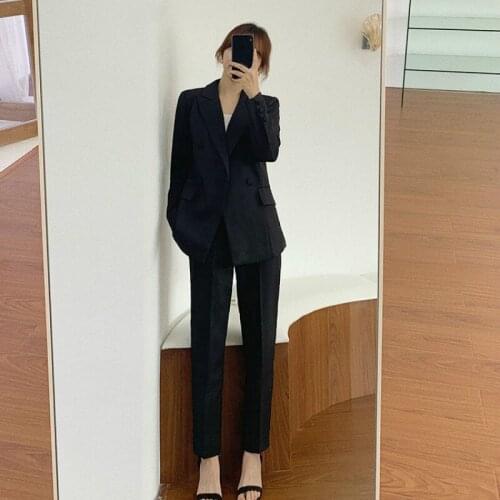 2021 Women Autumn Winter Slim Pant Suit Lady Double Breasted Jacket & Pencil Pant Set Female Casual Vintage Blazer 2 Pcs Set E42