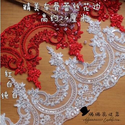 6 Yards 24cm Off White Red Sequin Black Beautiful Embroidery Wedding Lace Applique Trim Lace Fabric DIY Craft Wholesale