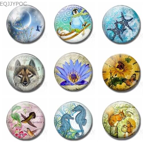 Flower and Animal Fridge Magnet Seahorse Starfish Penguin Squirrel Wolf Dog 30MM Glass Magnetic Sticker Decorative Refrigerator