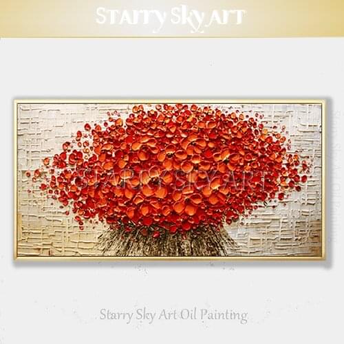 Skilled Artist Hand-painted High Quality Red Flower Oil Painting on Canvas Thick Paints Knife Painting Red Flower Oil Painting