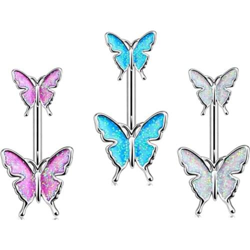 1PCS Stainless Steel Butterfly Belly Button Ring 14G Glitter Belly Piercing Jewelry Butterfly Belly Bar Navel Piercing Ring Cute