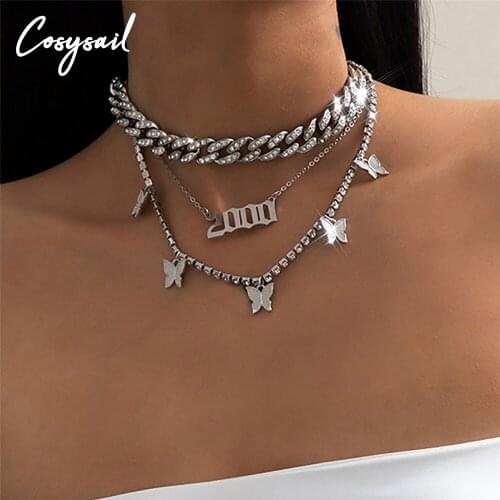 Cosysail 3Pcs/Set Shiny Rhinestone Butterfly Pendant Necklace Set Cuban Chunky Chain Choker Necklace for Women Party Jewelry