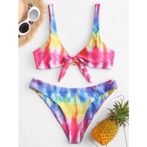 Sexy Thong Bikini Women Mujer Front Bow Knot Gradient Pattern Tie-dye Bathing Suit Swimsuit Brazilian Push Up Swimwear Beachwear