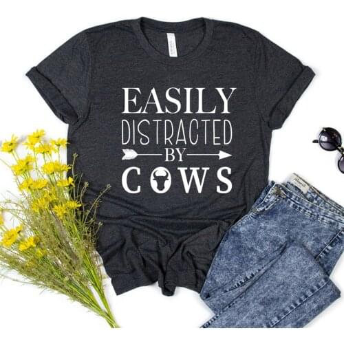 Easily Distracted By Cows Shirt Funny Cow Tee Cow Lover T-Shirt Country Farming T Shirts Unisex Graphic Tees Women Summer Tops