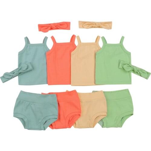 3 Pcs Infant Summer Outfits, Baby Girls Clothes Solid Color Square Collar Spaghetti Strap Camisole + Shorts + Bowknot Headband