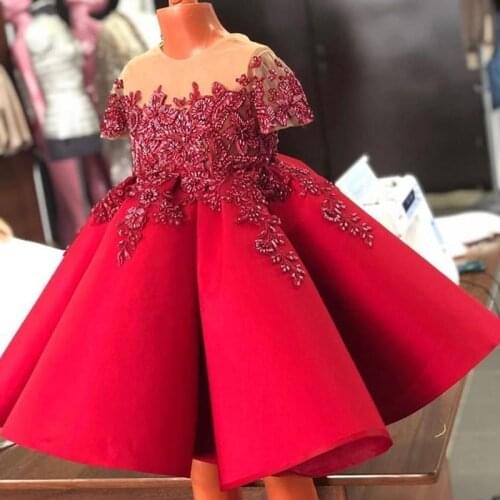 Cute Red Flower Girl Dresses for Wedding Jewel Neck Lace Beads Appliqued Knee Length Girls Dresses Kids Pageant Birthday Gown