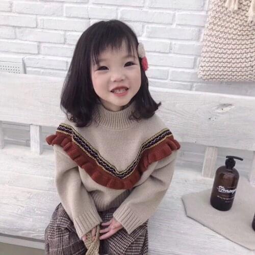 2018 New Baby Girl Sweet Sweater retro color ruffled bat sleeve Sweaters Coat Girls Kids Tops Clothes Children Winter Wear