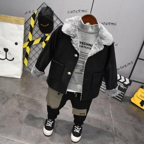 2 3 4 5 6 Years Toddler Boys Clothing Sets Autumn Winter Thicken Sweatshirts Plus Velvet Pants High Quality PU Leather Coat 3pcs