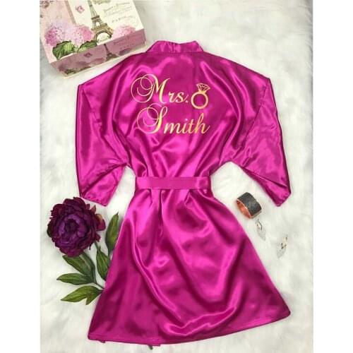 Personalize glitter name date printed wedding Bride Bridesmaid satin pajamas robes bridal shower kiminos gifts party decorations
