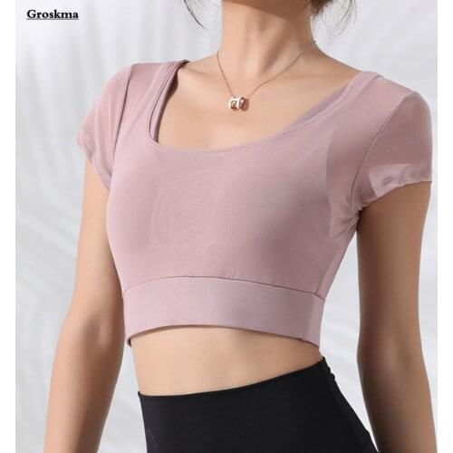 Fake 2 Piece Women Yoga Shirt Mesh Patchwork Chest Pad Fitness Gym Short Sleeve Tees Sports Bra Running Crop Tops Clothing