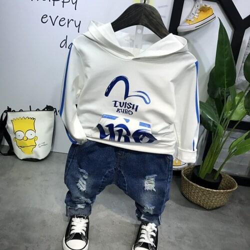 2 3 4 5 6 Y Boys Sets Casual Printed Hood Sweatshirt Ripped Jeans Stylish Clothes For Boy Kids Tracksuit Sport Suit Boy 2pcs