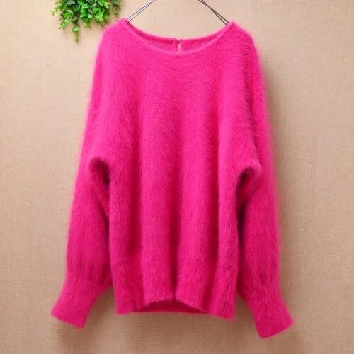 Ladies women fashion pull rose hairy mink cashmere knitted long batwing sleeves o-neck loose pullover angora fur sweater tops