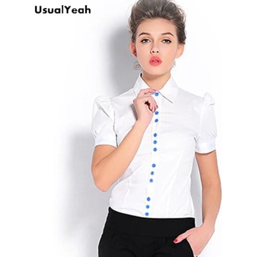 UsualYeah New Women Fashion Formal Short Sleeve Body Shirt Solid color blouses shirts blusas feminina XXL White Blue SY0323