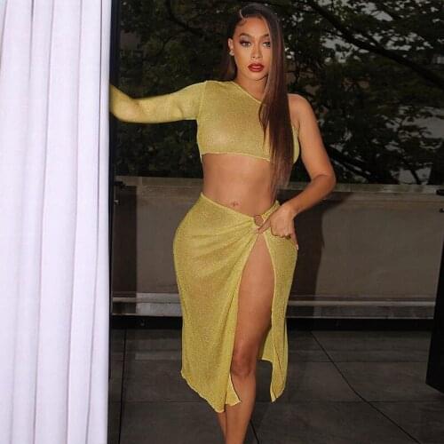 Sexy 2 Piece Sets Womens Club Outfits One Shoulder Long Sleeve Crop Top Split Midi Skirts Yellow Dress Suits