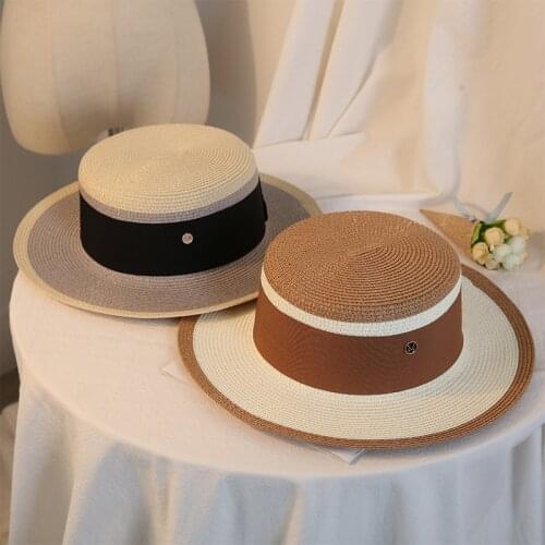 Summer Straw Boater Fedora Hat for Women Flat Top Brim Elegant Ladies Stylish Vocation Beach Travel Sunhat