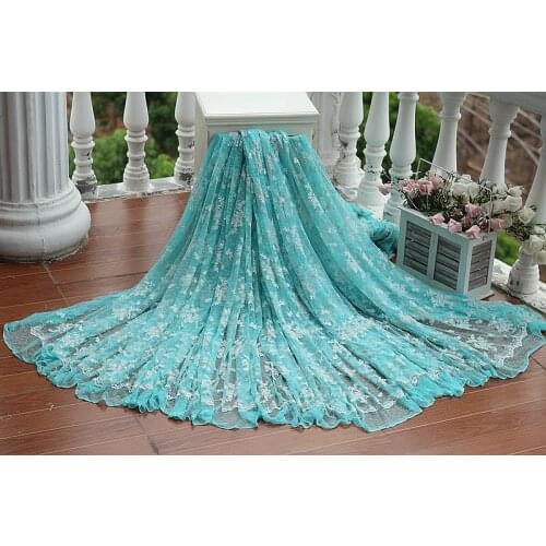 Width128cm Blue Curacao Vintage Embroidered Lace Fabric , Wedding Gown Lace Trim