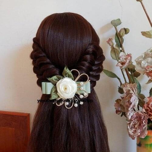 Matcha green rose handmade yarn pearl bow hair clip Classical flower Hair accessories F183