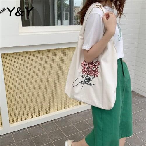 Y&Y Korean Embroidered Women Casual Tote Bags Rose Retro Canvas Handbag Ins Lazy Style Art College Students Flower Shoulder Bag