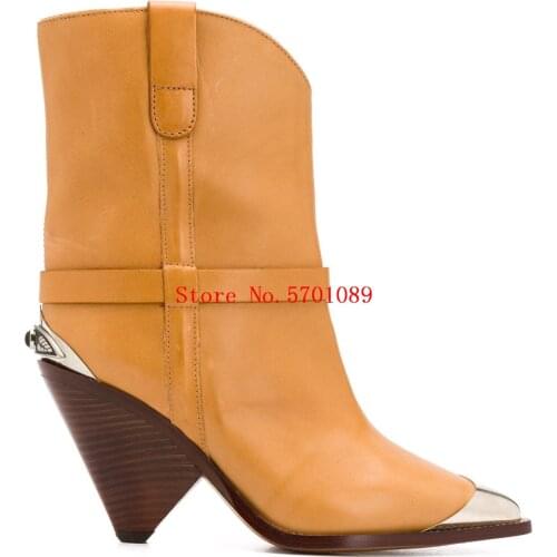 Women Yellow Lamsy Ankle Boots Pointed-toe Wild West Shoes