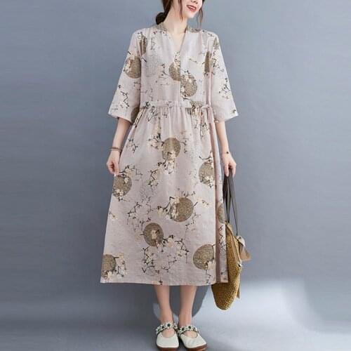 Women Summer Cotton Linen Long Dress New Arrival 2021 Vintage Style V-neck Print Loose Comfortable Female Casual Dresses B639
