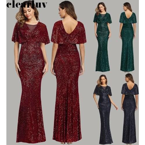O-Neck Mermaid Evening Dresses Short Sleeve Women Party Dress HQ006 2020 Plus Size Robe De Soiree Long Sequins Slim Formal Dress