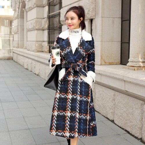 Winter Women Coats Plus size Wool Coat Woman Woolen Coat Jacket Female Overcoat Plaid Belt Long Wool Coats Ladies Warm Outwear