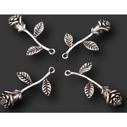 10pcs Silver Plated Cute 3D Rose Pendants Retro Bracelet Earrings Metal Accessories DIY Charms Jewelry Crafts Making 33*20mm