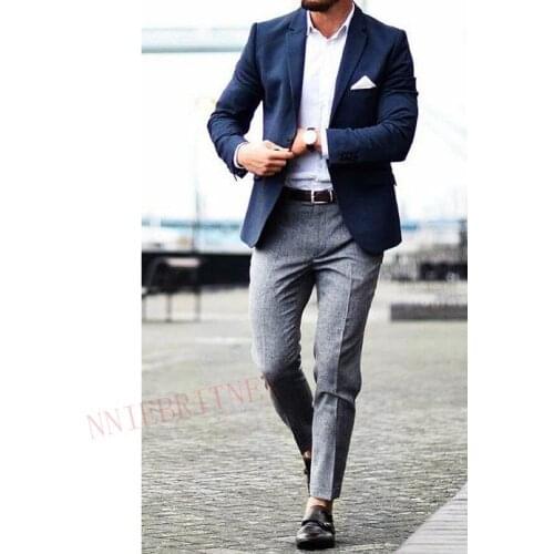 2020 Latest Men Suit 2 piece Prom Wedding Suits for Men Custom Groom Tuxedo Slim Fit Suit Men Blazer Blue Jacket Grey Pants Set