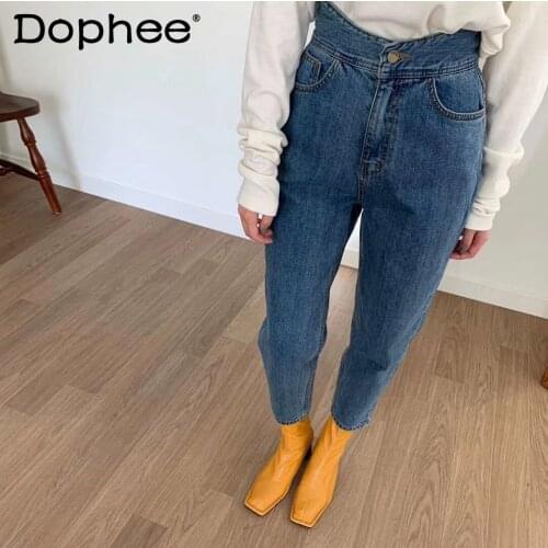 Korean Style New High Waist Blue Trousers Slimming Cropped Harem Jeans Loose Slimming Casual Denim Pants for Women