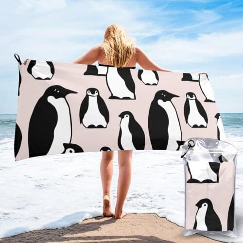 Quick Dry Beach Towel Cute Penguins On Pink Microfiber Bath Towel Beach Cushion Swimming Personalized Sand Free Beach Towel