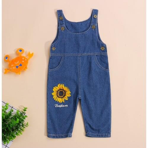 Baby Romper, Sunflower Print U-Neck Sleeveless Jumpsuit Overall Pants for Kids, Blue, 6-24 Months