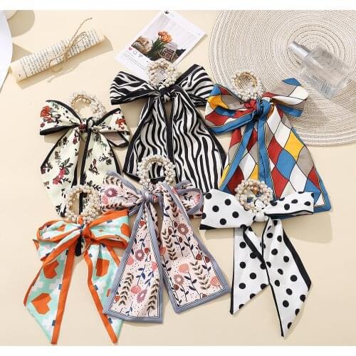 Retro Pearl Elastic Long Bandana Hair Bows Ribbon Fashion Floral Print Scrunchies Headscarf Hair Accessories 2021