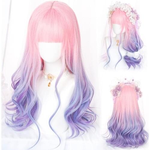 GAKA Long Natural Curly Synthetic Hair Pink Gradient Blue/Purple Cosplay Wig With Bangs For Women