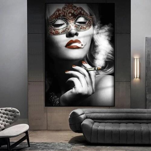 Cool Smoking Women In Mask Modern Burning Dollar Money Canvas Painting Poster Prints Wall Art Picture Living Room Home Decor