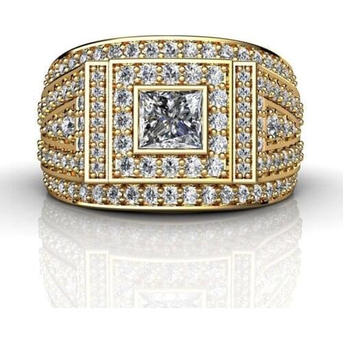 Classic Shiny Cubic Zircon Ring for Men Gold Plated Color Inlaid Sparkling Crystal Rhinestone Male Single Ring Party Jewelry